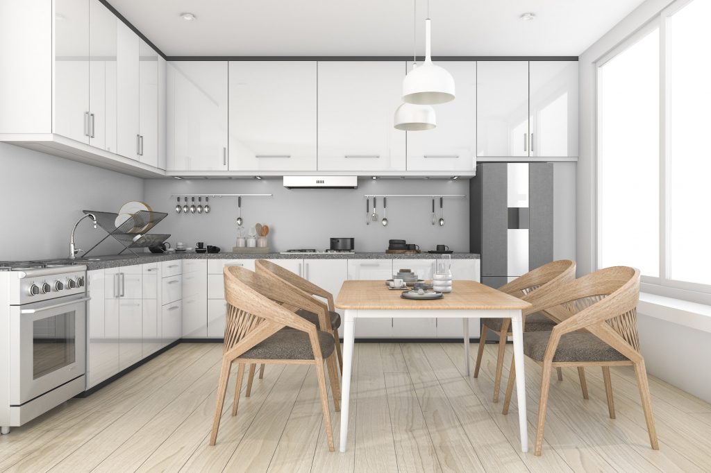 3d rendering white loft and clean kitchen and dining room